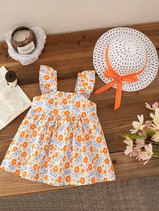 فساتين بيبي 2 قطعة ملابس صيفية للبنات الصغار، فستان أكمام بلا رباط و طبعات زهور وقبعة، لون برتقالي، للارتداء اليومي العادي