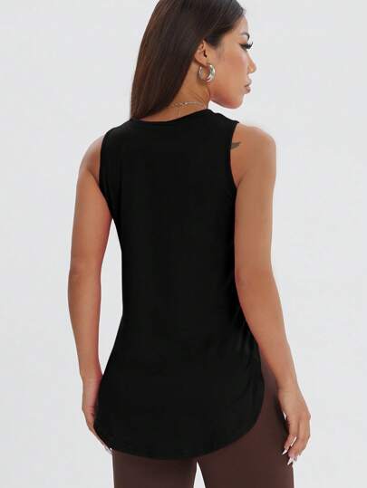 قطعة واحدة تي شيرت رياضي نسائي بفتحة جانبية, بدون أكمام, قطن مريح وفضفاض, للياقة البدنية, لون داكن, لفصلي الربيع والصيف