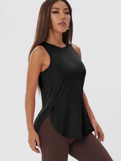 قطعة واحدة تي شيرت رياضي نسائي بفتحة جانبية, بدون أكمام, قطن مريح وفضفاض, للياقة البدنية, لون داكن, لفصلي الربيع والصيف