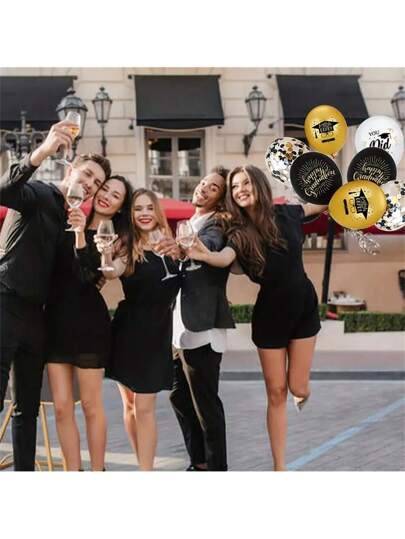 مجموعة بالونات زينة لحفل التخرج 16 قطعة، بالونات تخرج سوداء ذهبية مقاس 12 بوصة، مجموعة بالونات لاتكس ترابية سوداء وذهبية مناسبة للاستخدام الداخلي/الخارجي، لزينة حفل التخرج، ديكور للاحتفالات