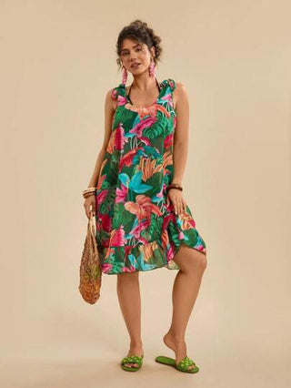 Travachic فستان صيفي فضفاض باكتاف ملتوي للمرأة ذوات الحجم الكبير، طبعات نباتية استوائية على خلفية خضراء، تغطية شاطئية