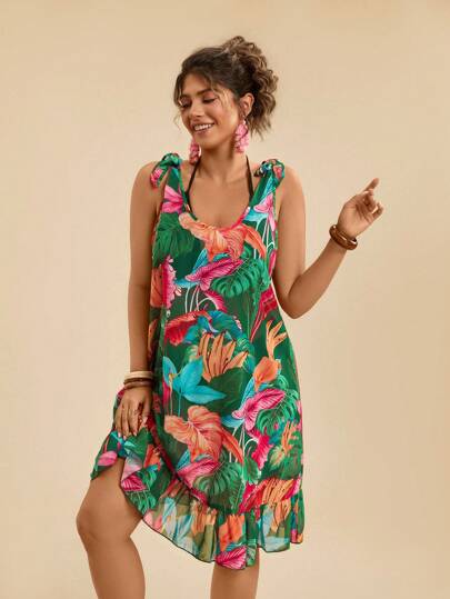 Travachic فستان صيفي فضفاض باكتاف ملتوي للمرأة ذوات الحجم الكبير، طبعات نباتية استوائية على خلفية خضراء، تغطية شاطئية