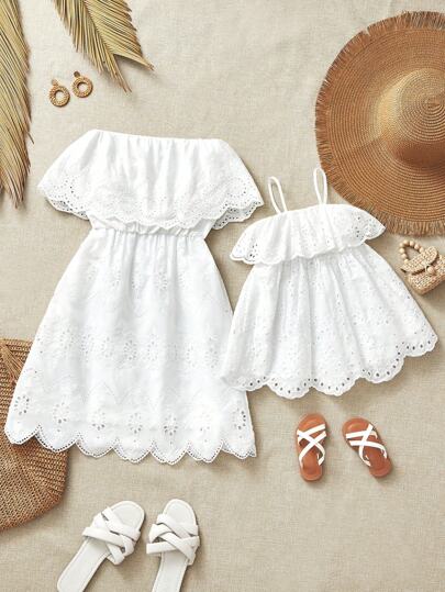 فساتين بيبي فستان كاميسول مطرز أبيض للأم وابنتها في الصيف