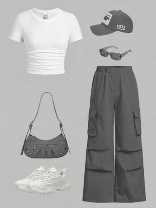 طقم حريمي قطعتين EZwear مجموعة من تي شيرت بأكمام قصيرة ذات قياس ضيق وبنطال كارجو قطعتان