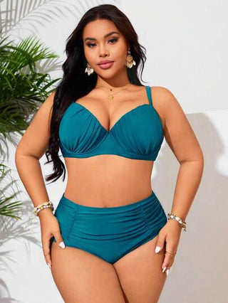 Swim Lushoire مجموعة ملابس سباحة للمرأة ذات حجم كبير مكونة من قطعتين، لون أحادي، وسادة مدعومة بأسلاك، حمالات قابلة للتعديل، جزء سفلي بخصر عالٍ، الجزء العلوي مطوي على الصدر وأنيق، ملابس سباحة متواضعة للشاطئ