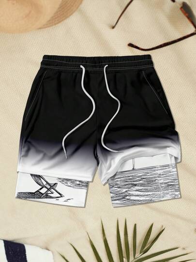 شورت كاجوال مطبوع ومنجد للرجال للعطلات الشاطئية، هاواي