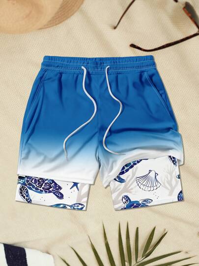 شورت شاطئ عادي بطبقتين مع طباعة السلحفاة للرجال ، هاواي