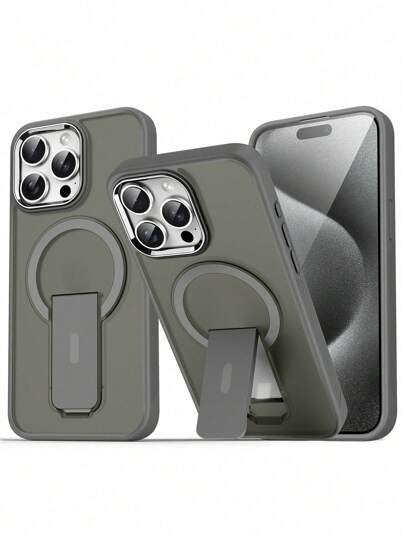 غطاء هاتف لاسلكي شحن مغناطيسي ذو شفافية نصفية بطبعة حريرية فاخرة مع حامل، متوافق مع 16، 15، 14، 13، 12، 11 آيفون برو ماكس بلس. حلقة كاميرا معدنية، مقاوم للصدمات، حافة ناعمة، غطاء خلفي صلب