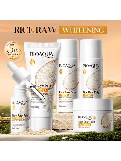مجموعة السفر الخماسية لتبييض الأرز، مطهر الأرز 30 جرام، تونر الأرز 30 مل، لوشن الأرز 30 مل، كريم الأرز 15 جرام، أساس الأرز 10 مل، يرطب ويهدئ البشرة، ويحسن البهتان مجموعة العناية بالوجه للسفر