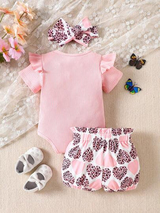 SHEIN 3 قطع مجموعة ملابس خروج طفلة رضيعة للربيع/الخريف, تشمل رومبير رومبر, بنطال, و عصابة شعر بفيونكة