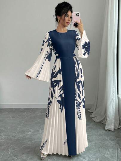 Elenzga فستان طويل برقبة متشابكة وأكمام ناقوسية مع طبعات نباتية وحاشية مطوية