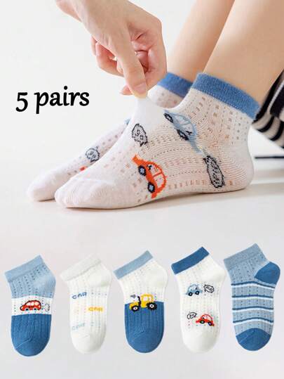 5 أزواج من الجوارب الشبكية القصيرة للأطفال من سن 1-16 عام للربيع والصيف ، جوارب كرتونية بأشكال سيارات ، للأطفال الرضع ذكور وإناث