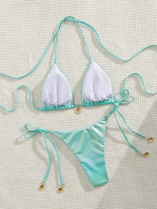 Swim SXY قطعتان من البكيني للنساء بتصميم باللون الأحادي بحمالات رفيعة مع ديكور بالصدفة وربطة جانبية للجزء السفلي، ملابس شاطئ صيفية للنساء