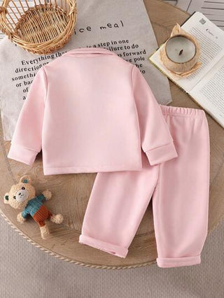 SHEIN Vintaside Kids 2 قطعة طقم للفتيات الرضع ملابس علوية كم طويل كاجوال + بنطال كحلي، مناسب للخروج أو الإسترخاء