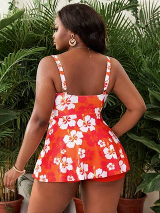 SHEIN Slayr CURVE مجموعة ملابس سباحة 2 قطعة للمرأة كبيرة الحجم، ملابس علوية كاميسول به طبعة أزهار استوائية عشوائية وبدلة سباحة شرشف على شكل v الخط الأ