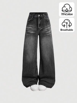 SHEIN Girlism بنطلون جينز بنمط واسع الساق وجيوب مائل للبنات المراهقات بطراز Y2K الرائج، من الملابس الخريفية للبنات للعودة إلى المدرسة، إطلالة بملابس الشارع