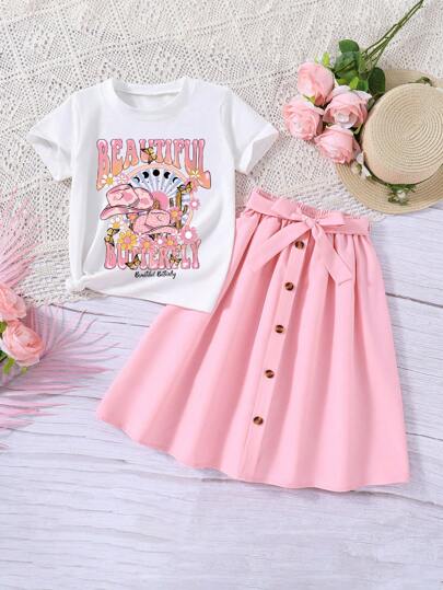 تيشيرتات بناتي مجموعة من 2 قطعة تي شيرت كم قصير ذو طبعة الحروف الكرتونية وتنورة قصيرة للفتيات المراهقات