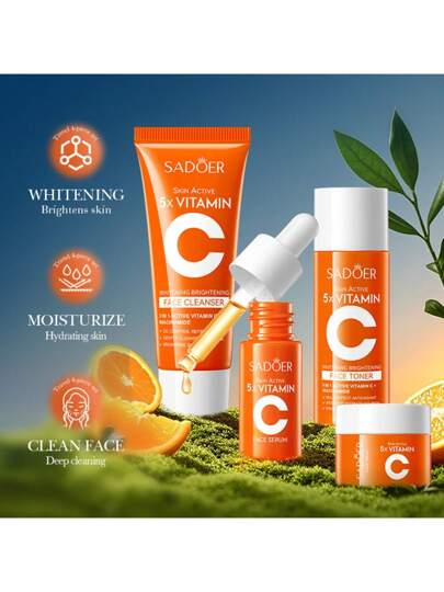 5 مجموعة عناية بالبشرة للسفر مع فيتامين C مبيضة، منظف تفتيح وتنقية 30 جم، تونر 30 مل، سيروم 10 مل، كريم وجه مبيض ومرطب 15 جم