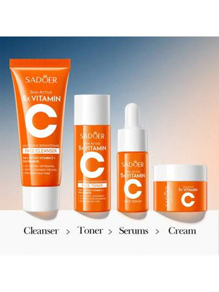 5 مجموعة عناية بالبشرة للسفر مع فيتامين C مبيضة، منظف تفتيح وتنقية 30 جم، تونر 30 مل، سيروم 10 مل، كريم وجه مبيض ومرطب 15 جم