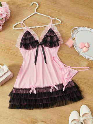 لانجيري حريمي FairyFlirt قطعتان من الملابس النوم الخداعية للسيدات بتصميم مكشكش لامع متعدد الطبقات بأشرطة ربط وفتحات للتهوية، باللونين الأسود والوردي