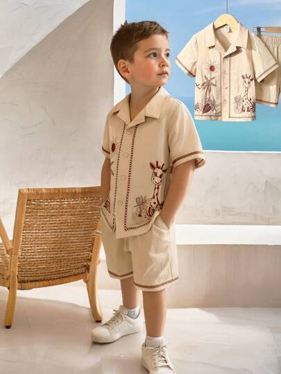 مجموعة من قميص مطبوع بزهور هاواي وشورت للأولاد الصغار قطعتين، مريح، قابل للتنفس، منتعش ومشرب للعرق، مناسب للربيع والصيف، للارتداء اليومي، للرياضة، للخروجات، للمدرسة، التجمعات، العطلات، الحفلات، التصوير الفوتوغرافي، العودة للمدرسة