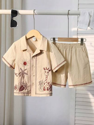 مجموعة من قميص مطبوع بزهور هاواي وشورت للأولاد الصغار قطعتين، مريح، قابل للتنفس، منتعش ومشرب للعرق، مناسب للربيع والصيف، للارتداء اليومي، للرياضة، للخروجات، للمدرسة، التجمعات، العطلات، الحفلات، التصوير الفوتوغرافي، العودة للمدرسة