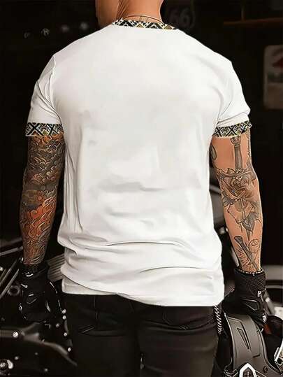 تي شيرت رجالي كاجوال قطعة واحدة، 100% بولي إستر بياقة طاقم، لون أحادي مع نمط هندسي، تيشيرت من نسيج مَحبوك متناسب لكل الفصول، مُربعات، أبيض، أناقة عصرية، إصدار تقليدي