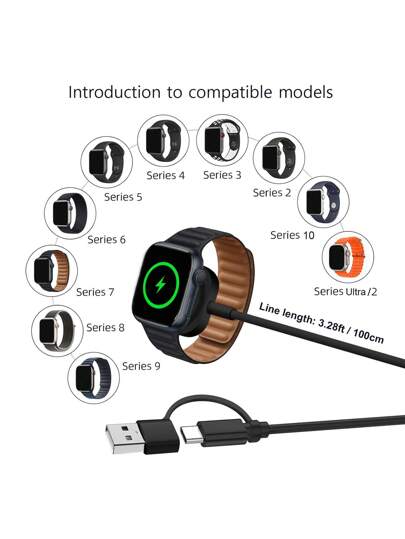شاحن محمول متوافق مع ساعة أبل، كابل شحن لاسلكي سريع 'C و USB A شحن مغناطيسي للساعة قابل للسفر متوافق مع ساعة أبل الترا 2/1 السلسلة 10 9 8 7 6 5 4 3 2 SE