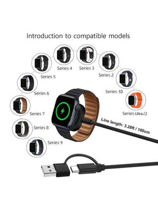 شاحن محمول متوافق مع ساعة أبل، كابل شحن لاسلكي سريع 'C و USB A شحن مغناطيسي للساعة قابل للسفر متوافق مع ساعة أبل الترا 2/1 السلسلة 10 9 8 7 6 5 4 3 2 SE