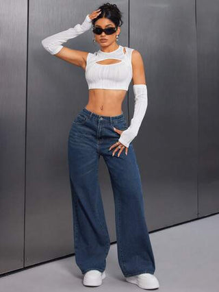 EZwear جينز جينز كاجوال متنوع فضفاض مع جيوب وأرجل مرتدية بشكل واسع