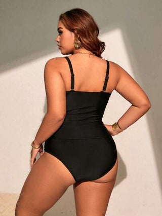 Swim Chiccia مجموعة قطعتين لحجم كبير للنساء تشمل: ملابس علوية من شبكة حياكة ولون أسود، وسيلوهيت من شبكة حياكة للجزء السفلي بخصر مرتفع، بيكيني بسيط وكاجوال للعطلات الصيفية والشاطئ