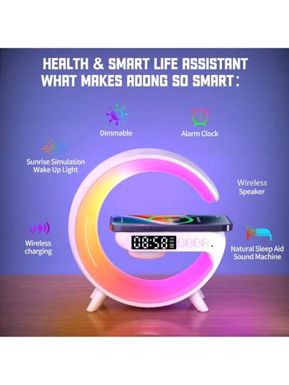 EIGIIS قطعة واحدة لمبة ذكية ب- 10 أوضاع إضاءة ، سماعات السلكية 15 وات بشحن لاسلكي سريع ،إضاءة إيقاعية RGB ،إضاءة جو جوي ، ساعة منبه شروق الشمس ، إضاءة استيقاظ للغرف النوم ، قابلة للاستخدام في غرفة النوم والمعيشة ، لمبة مكتب ذكية (نمط شحن USB)