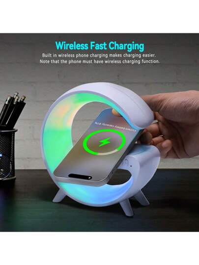 EIGIIS قطعة واحدة لمبة ذكية ب- 10 أوضاع إضاءة ، سماعات السلكية 15 وات بشحن لاسلكي سريع ،إضاءة إيقاعية RGB ،إضاءة جو جوي ، ساعة منبه شروق الشمس ، إضاءة استيقاظ للغرف النوم ، قابلة للاستخدام في غرفة النوم والمعيشة ، لمبة مكتب ذكية (نمط شحن USB)