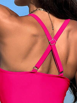 طقم تانكيني حريمي Swim ملابس نسائية صيفية عاديّة لرحلات العطلات، تشكيلة من الألوان الواحدة شيح وكشكشة ملابس علوية وشورت سباحة قصير بخصر عالٍ ذو قطعتين مثيرة للسباحة