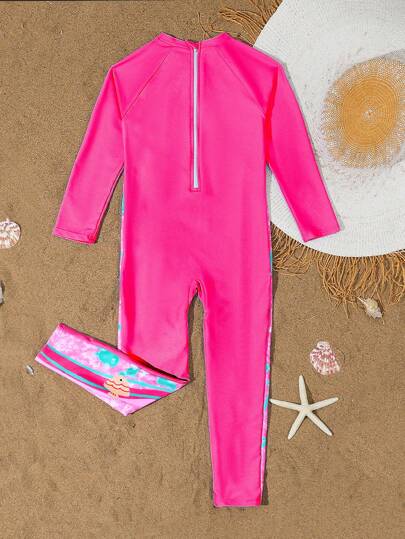 SHEIN زي سباحة بقطعة واحدة للبنات مطبوع عليه رسوم كرتونية، أكمام طويلة قطعة واحدة
