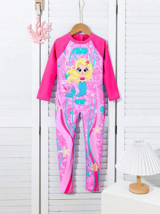 SHEIN زي سباحة بقطعة واحدة للبنات مطبوع عليه رسوم كرتونية، أكمام طويلة قطعة واحدة