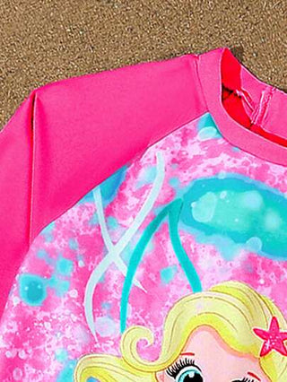 SHEIN زي سباحة بقطعة واحدة للبنات مطبوع عليه رسوم كرتونية، أكمام طويلة قطعة واحدة