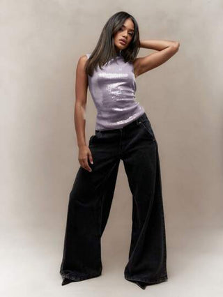 MISSGUIDED ملابس علوية كامي مرصع بالترتر بدون أكمام وياقة عالية لمناسبات مسائية وحفلات ومهرجانات وعروض رقص، ملابس علوية أساسي لامع للخروجات الليلية