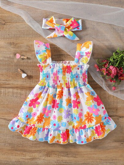 فساتين بيبي فستان صيفي جذاب للبنوتات ذو كم قصير بطبعة زهرية ومكرمل