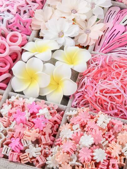 870 قطعة/مجموعة من إكسسوارات الشعر للبنات على شكل فراشة وزهرة دوار ونجمة، باللون الوردي، شاملة: ربطات شعر، مشابك شعر، مشابك شعر كبيرة، مناسبة للاستخدام اليومي والهدايا