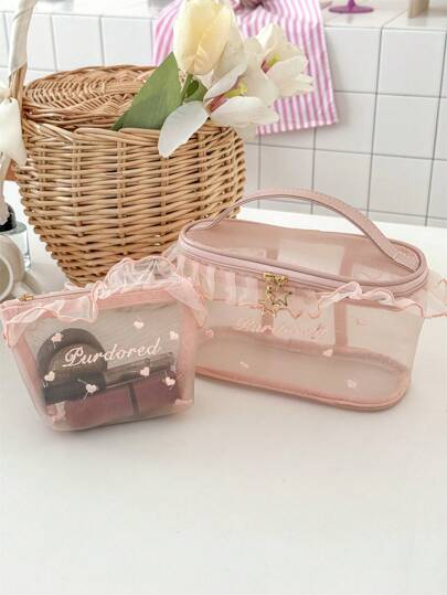 1 قطعة حقيبة مستحضرات تجميل ذات لون وردي وأحمر شفاف، بحافة مزدانة، مخصصة للسفر والنساء، حفظ أدوات زينة مثل أحمر الشفاه والأدوات المنزلية وإكسسوارات الأظافر، مع سحاب