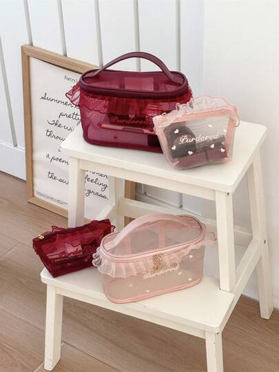 1 قطعة حقيبة مستحضرات تجميل ذات لون وردي وأحمر شفاف، بحافة مزدانة، مخصصة للسفر والنساء، حفظ أدوات زينة مثل أحمر الشفاه والأدوات المنزلية وإكسسوارات الأظافر، مع سحاب