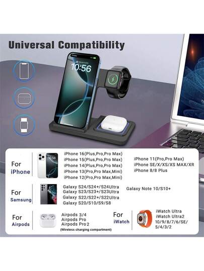 شاحن لاسلكي سريع 3 في 1 متوافق مع آيفون 16/15/14 برو ماكس/14 برو/14 بلس/13/12/11/إكس/8، متوافق مع ساعة آبل الترا/SE/10/9/8/7/6/5/4/3/2، و برو/3، مع إمكانية شحن أجهزة متعددة، حامل شحن محمول قابل للطي، متوافق مع آيفون 16 15 14 13 12 11 إكس 8 برو ماكس/برو/مي