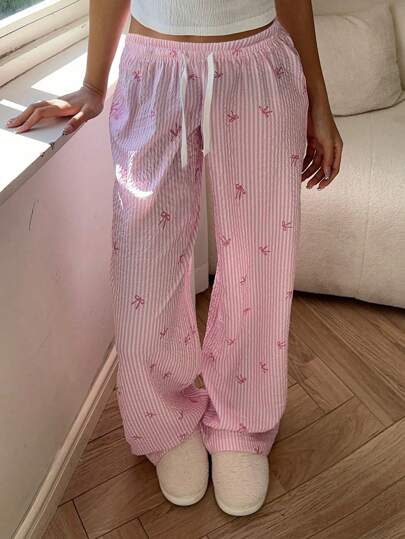 SHEIN Streecool Kids بنطال فضفاض ربطة عقدة نسيج فقاعي بخطوط وردي للفتيات البالغات، وخصر أبيض بأربطة متباينة