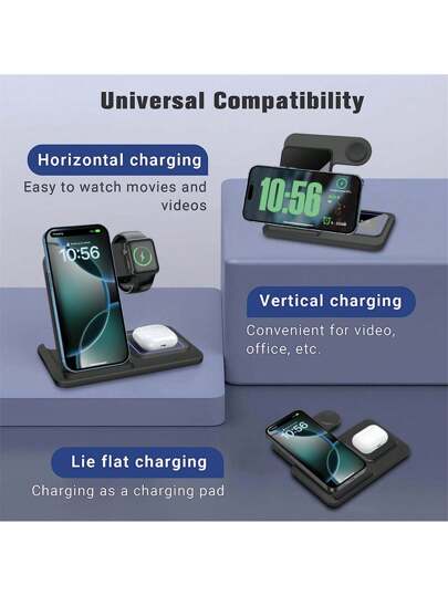 شاحن لاسلكي سريع 3 في 1 متوافق مع آيفون 16/15/14 برو ماكس/14 برو/14 بلس/13/12/11/إكس/8، متوافق مع ساعة آبل الترا/SE/10/9/8/7/6/5/4/3/2، و برو/3، مع إمكانية شحن أجهزة متعددة، حامل شحن محمول قابل للطي، متوافق مع آيفون 16 15 14 13 12 11 إكس 8 برو ماكس/برو/مي