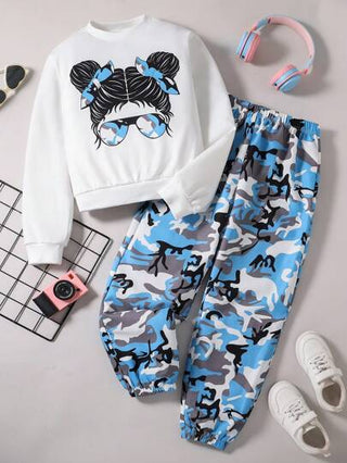 girls-sets سويت شيرت كاجوال مريح بأكمام طويلة وبنطلون كارجو مموه للفتيات المراهقات، مناسب للمدرسة والعطلات والخريف والشتاء