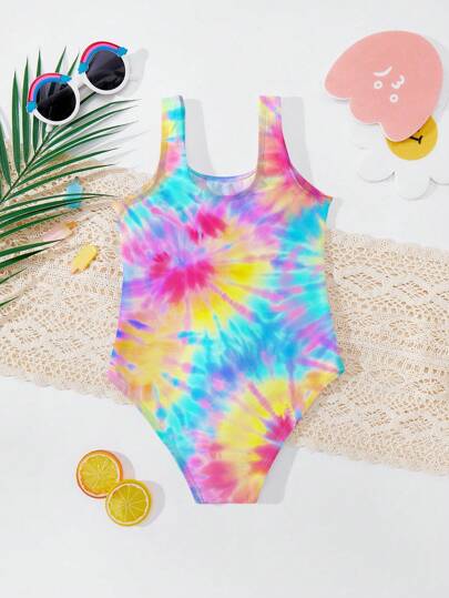 SHEIN بذلة سباحة قطعة واحدة مزخرفة برسمة وحيد القرن المصبوغ ملابس شابات صيفية عادية وبسيطة