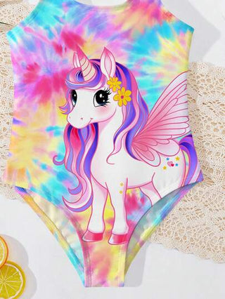 SHEIN بذلة سباحة قطعة واحدة مزخرفة برسمة وحيد القرن المصبوغ ملابس شابات صيفية عادية وبسيطة