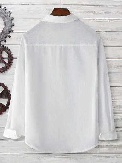 Manfinity Homme قميص كاجوال يونيسكس من الكتان الأبيض ذو لون أبيض سادة بأزرار أمامية وأكمام طويلة وياقة، مناسب للخروج