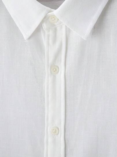 Manfinity Homme قميص كاجوال يونيسكس من الكتان الأبيض ذو لون أبيض سادة بأزرار أمامية وأكمام طويلة وياقة، مناسب للخروج